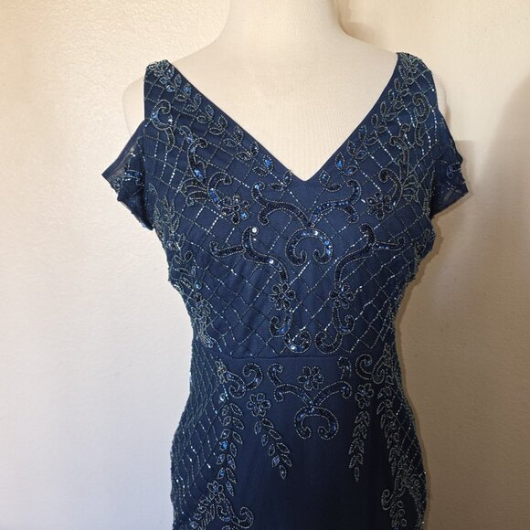 Adrianna Papell Navy Beaded Cold Shoulder Gown V-Neck Formal Evening Dress 12P - Picture 2 of 15